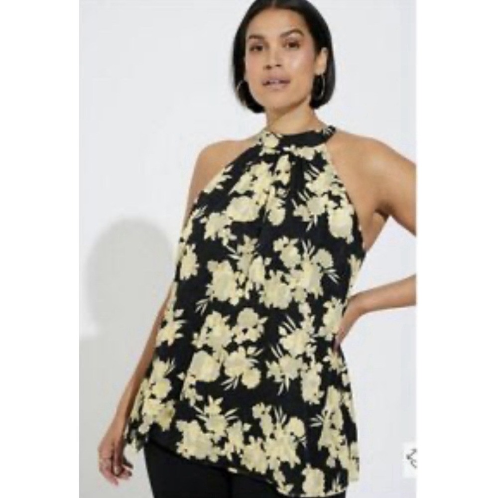Torrid NWT Floral Mock Neck Tie Halter Top 1X 14/16 Black Yellow Chiffon Button